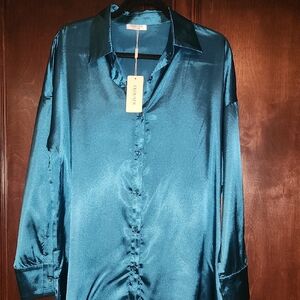 Elegant Teal Satin Dress Shirt
